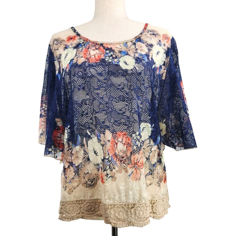 Womans Lace Top Large Floral Crochet Romantic Boho Flutter Sleeve Sheer Festival